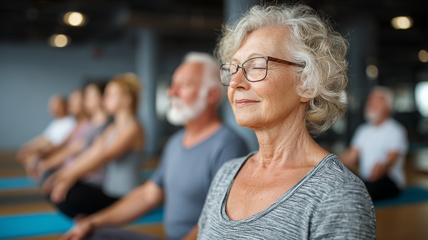 Idősebb hölgy laptop előtt jógázik